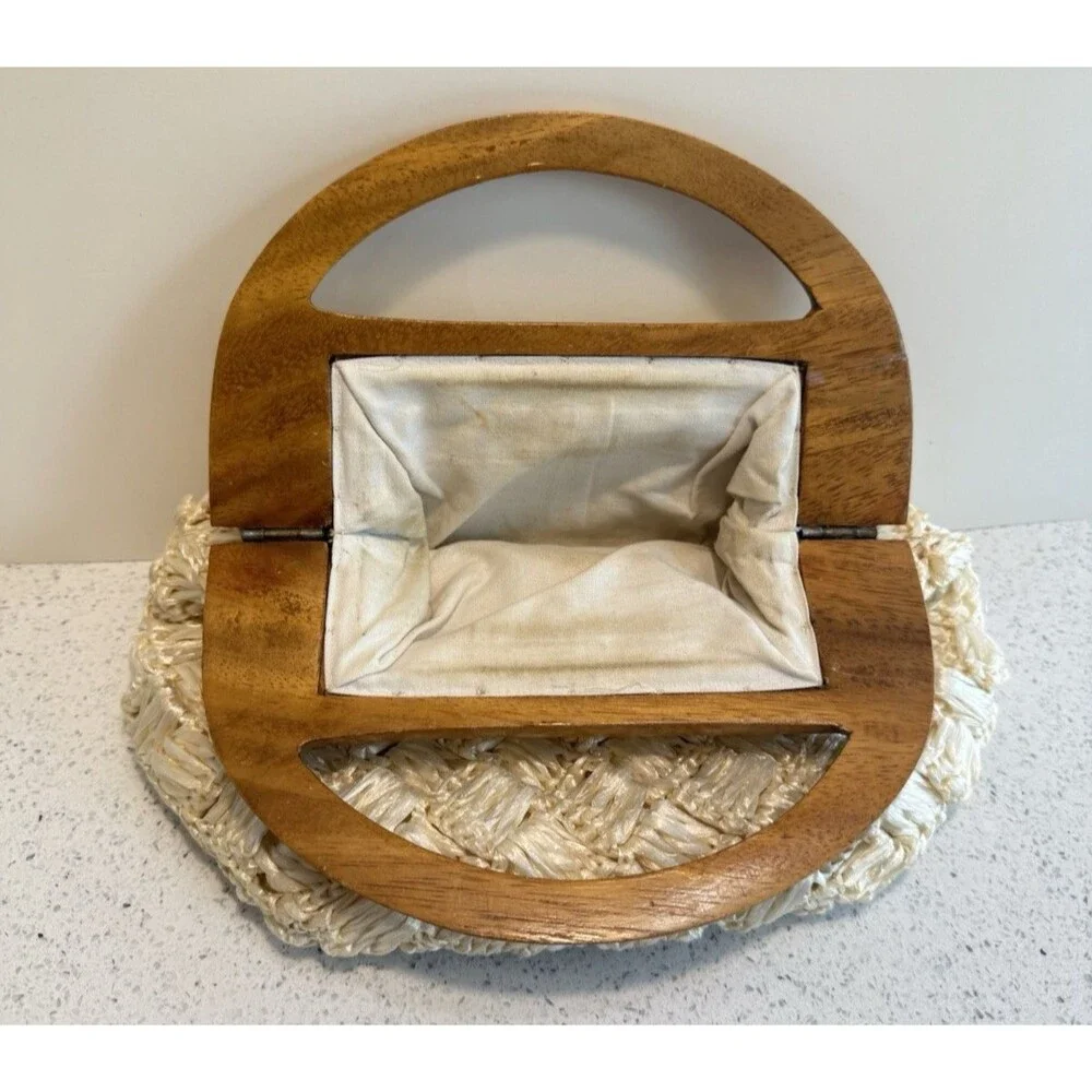 Vintage Purse Woven Straw Raffia Handbag Floral Wooden Handle Cream 1960's - Picture 3 of 13